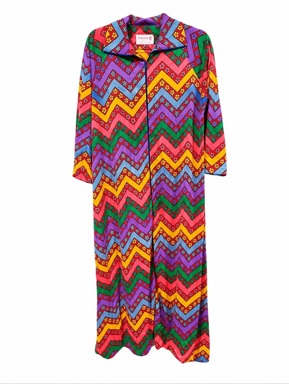 Vintage Lorraine Bright Chevron Floral Housecoat Multicolor Psychedelic sz S 60s